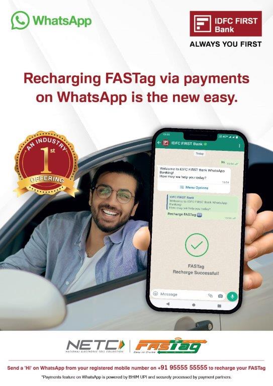 IDFC First Bank Customers Can Recharge Their Fastag Via Whatsapp