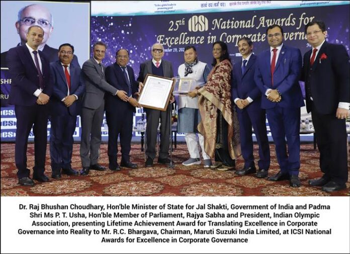 Dr. Raj Bhushan Choudhary, Hon'ble Minister of State for Jal Shakti, Government of India and Padma Shri Ms P. T. Usha, Hon'ble Member of Parliament, Rajya Sabha and President, Indian Olympic Association, presenting Lifetime Achievement Award for Translating Excellence in Corporate Governance into Reality to Mr. R.C. Bhargava, Chairman, Maruti Suzuki India Limited, at ICSI National Awards for Excellence in Corporate Governance